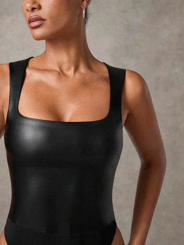 Women's Spring Autumn Square Neck PU Leather Sleeveless Fitted Bodysuit/Fashionable Versatile Minimalist