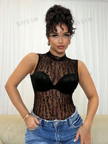 Women's Spring Transparent Mesh Black Bodysuit With Letter Print And Sleeveless Design, Sexy