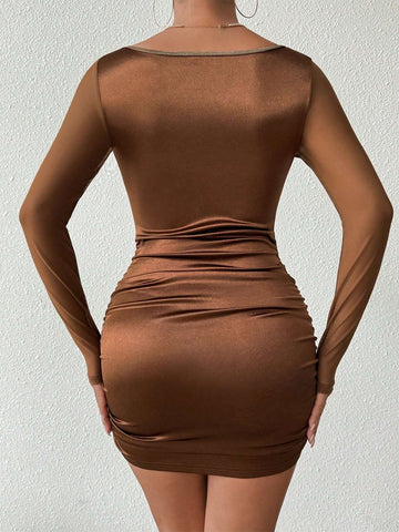 Women's Spring & Autumn Contrast Lace Ruffle Collar Mesh Long Sleeve Slim Elegant Mini Dress