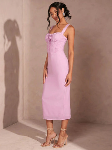 Women's Strappy Solid Color Lace Trim Slim Fit Dress, Fashionable French Style Midi Dress For