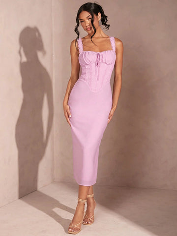 Women's Strappy Solid Color Lace Trim Slim Fit Dress, Fashionable French Style Midi Dress For
