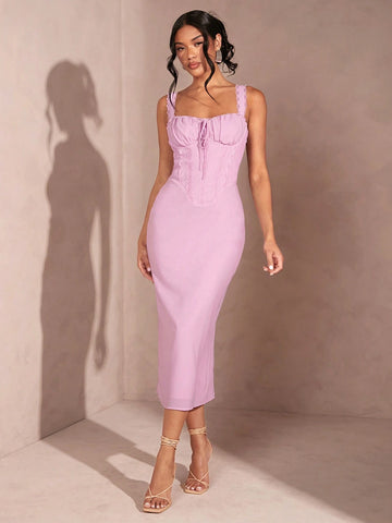 Women's Strappy Solid Color Lace Trim Slim Fit Dress, Fashionable French Style Midi Dress For