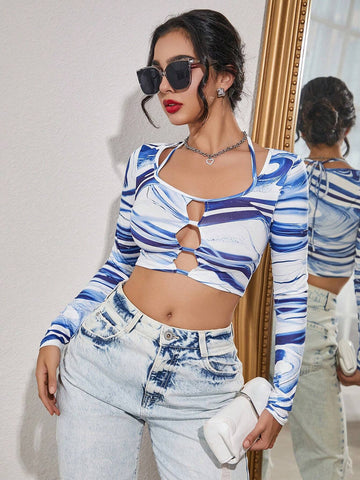 Women's Striped Printed Hollow Out Long Sleeve Slim Sexy Crop Top For Spring And Summer