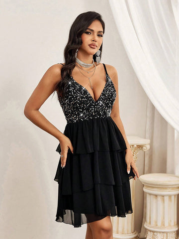 Women's Stylish Sequined Splice Multi-Layer Design Dress With Straps For Formal Occasions
