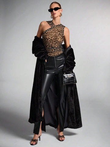 Women's Summer Asymmetrical Neck Sleeveless Fitted Leopard Print Bodysuit