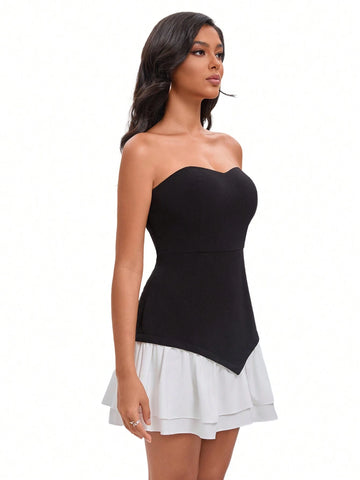 Women's Summer Color Block Double Layer Ruffle Hem Strapless Dress