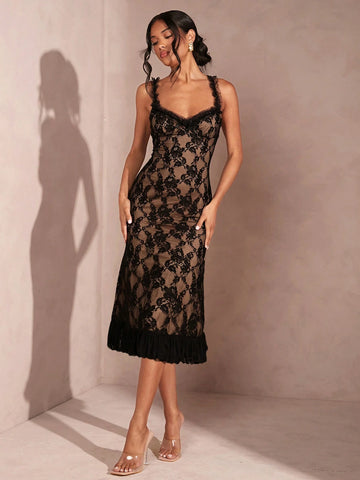 Women's Summer Dresses - Sleeveless Black Lace Bodycon Dress And Elegant Square-Necked