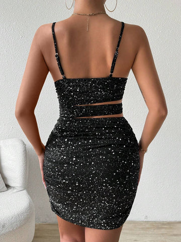 Women's Summer Fashion Silver Hot Stamping Pleated Waist Hollow Out Bodycon Bandage