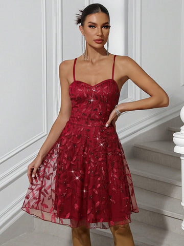 Women's Summer Floral Sequins Mesh Patchwork Slip Dress