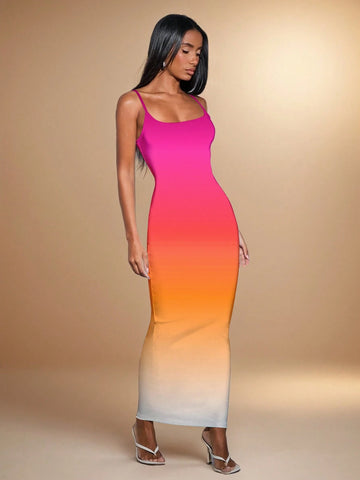 Women's Summer Gradient Printed Slim Fit Long Holiday Dress With Straps