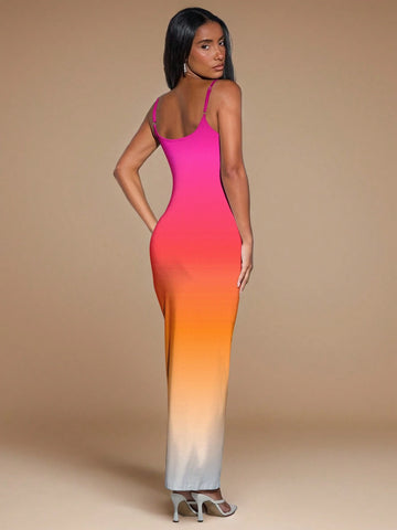 Women's Summer Gradient Printed Slim Fit Long Holiday Dress With Straps