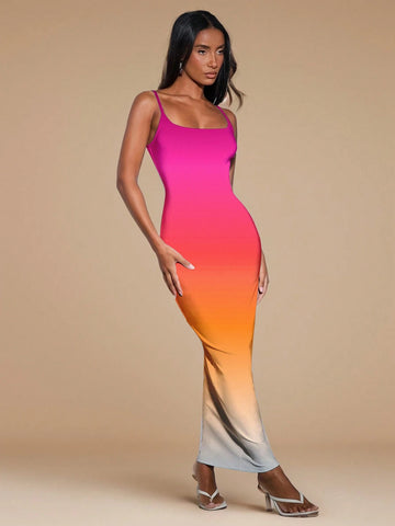 Women's Summer Gradient Printed Slim Fit Long Holiday Dress With Straps