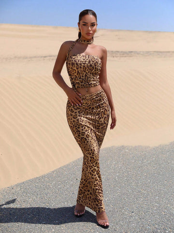 Women's Summer Holiday Leopard Print Mesh Slim Fit Suit