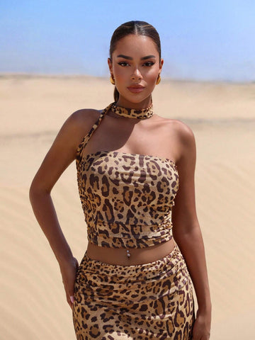 Women's Summer Holiday Leopard Print Mesh Slim Fit Suit