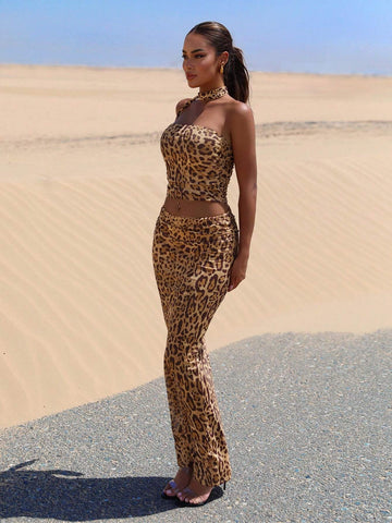 Women's Summer Holiday Leopard Print Mesh Slim Fit Suit