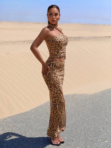 Women's Summer Holiday Leopard Print Mesh Slim Fit Suit