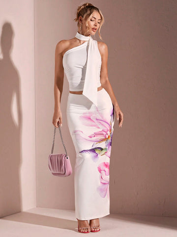 BAE Women's Summer Positioned Lily Print Simple Daily Long Skirt Summer Skirt White Vacation Travel Long Skirt