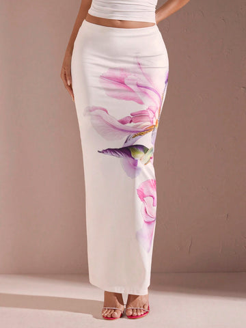 BAE Women's Summer Positioned Lily Print Simple Daily Long Skirt Summer Skirt White Vacation Travel Long Skirt