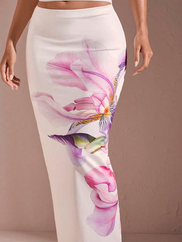 BAE Women's Summer Positioned Lily Print Simple Daily Long Skirt Summer Skirt White Vacation Travel Long Skirt