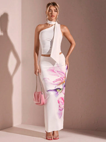 BAE Women's Summer Positioned Lily Print Simple Daily Long Skirt Summer Skirt White Vacation Travel Long Skirt