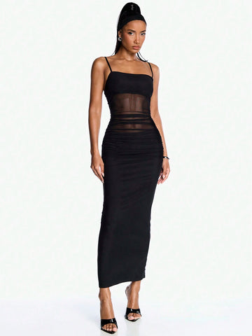 Women's Summer Sexy Mesh Ruched Bodycon Spaghetti Strap Dress With Sheer Details