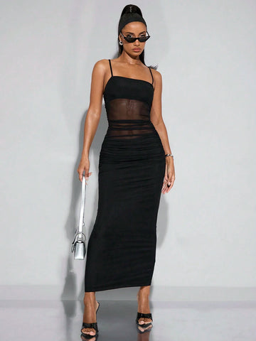 Women's Summer Sexy Mesh Ruched Bodycon Spaghetti Strap Dress With Sheer Details