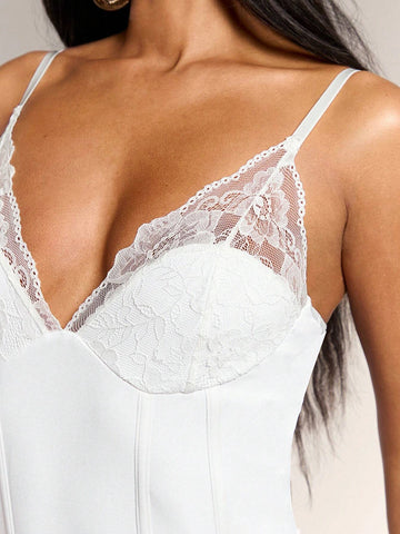 Women's Summer Sexy Solid Color Lace Patchwork Bodysuit With Spaghetti Straps