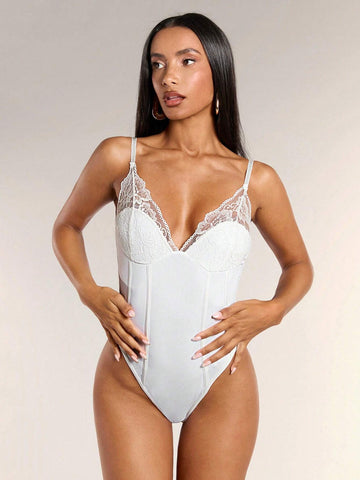 Women's Summer Sexy Solid Color Lace Patchwork Bodysuit With Spaghetti Straps