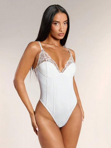 Women's Summer Sexy Solid Color Lace Patchwork Bodysuit With Spaghetti Straps