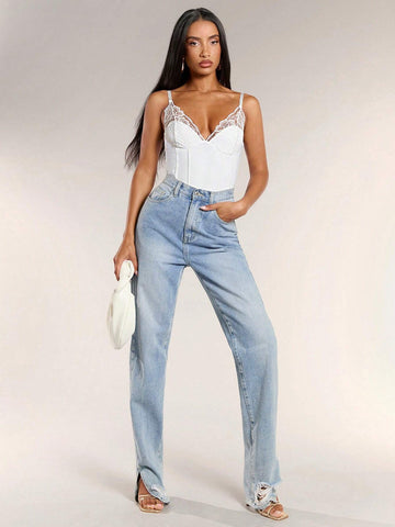 Women's Summer Sexy Solid Color Lace Patchwork Bodysuit With Spaghetti Straps