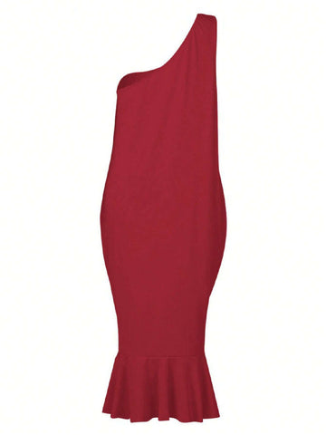 Women's Summer Slim Fit Oblique-Shoulder Twist Front Ruffle Hem Dress