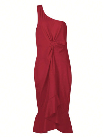 Women's Summer Slim Fit Oblique-Shoulder Twist Front Ruffle Hem Dress