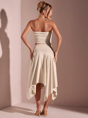 Women's Summer Solid Color Ruched Strapless Top + Irregular High Slit Skirt