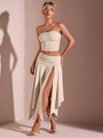 Women's Summer Solid Color Ruched Strapless Top + Irregular High Slit Skirt