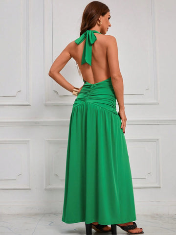 Women's Summer Solid Deep V-Neck Pleated Side Slit Long Halter Dress