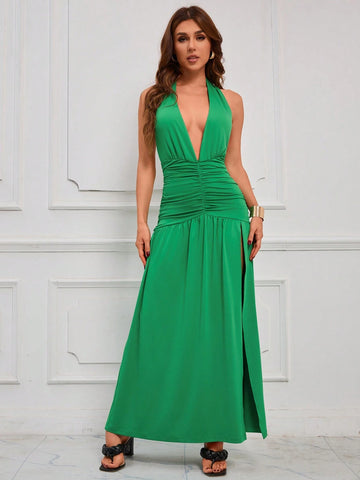 Women's Summer Solid Deep V-Neck Pleated Side Slit Long Halter Dress