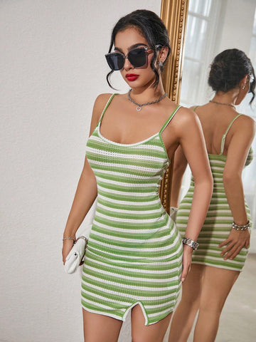 Women's Summer Striped Slim Fit Spaghetti Strap Dress With Side Slit
