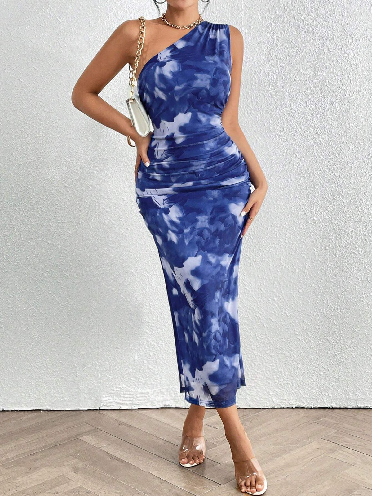 Women's Summer Watercolor Printed One-Shoulder Dress With Pleats And Side Split