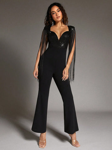 Women's Sweetheart Fringe & Sequin Patchwork Jumpsuit