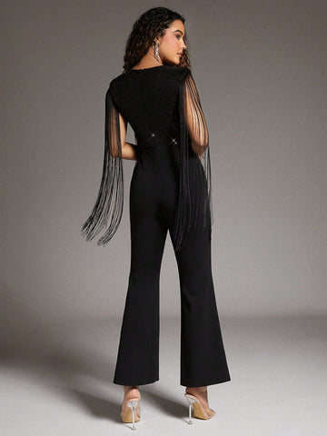 Women's Sweetheart Fringe & Sequin Patchwork Jumpsuit