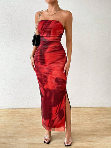 Women's Tie-Dyed Ruched Side Slit Bodycon Dress, Summer