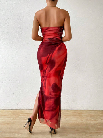 Women's Tie-Dyed Ruched Side Slit Bodycon Dress, Summer