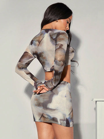 Women's Tie Dye Mesh Cropped Top And High Slit Hem Skirt Two Piece Set