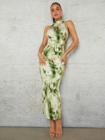 Women's Tie Dye Printed Stand Collar Halter Neck Dress