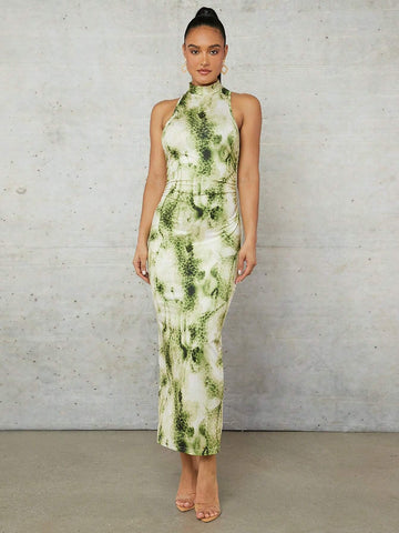 Women's Tie Dye Printed Stand Collar Halter Neck Dress