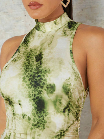 Women's Tie Dye Printed Stand Collar Halter Neck Dress