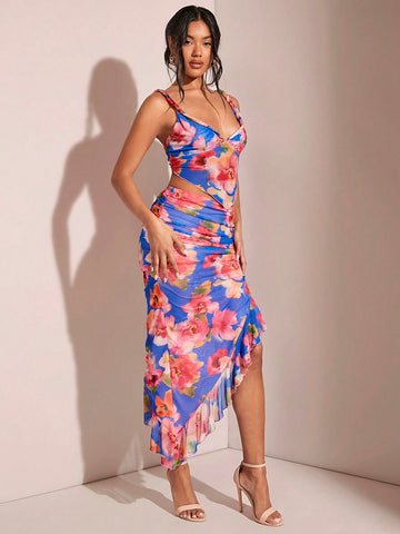 Women's Twist Rope Irregular Ruffle Hem Pleated Floral Print Set