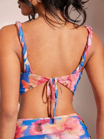 Women's Twist Rope Irregular Ruffle Hem Pleated Floral Print Set