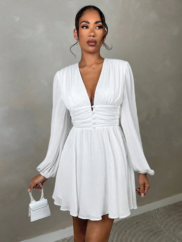 Women's V-Neck A-Line White Dress, Romantic Date Night Or Work Wear, Autumn