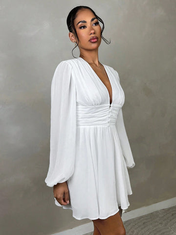 Women's V-Neck A-Line White Dress, Romantic Date Night Or Work Wear, Autumn